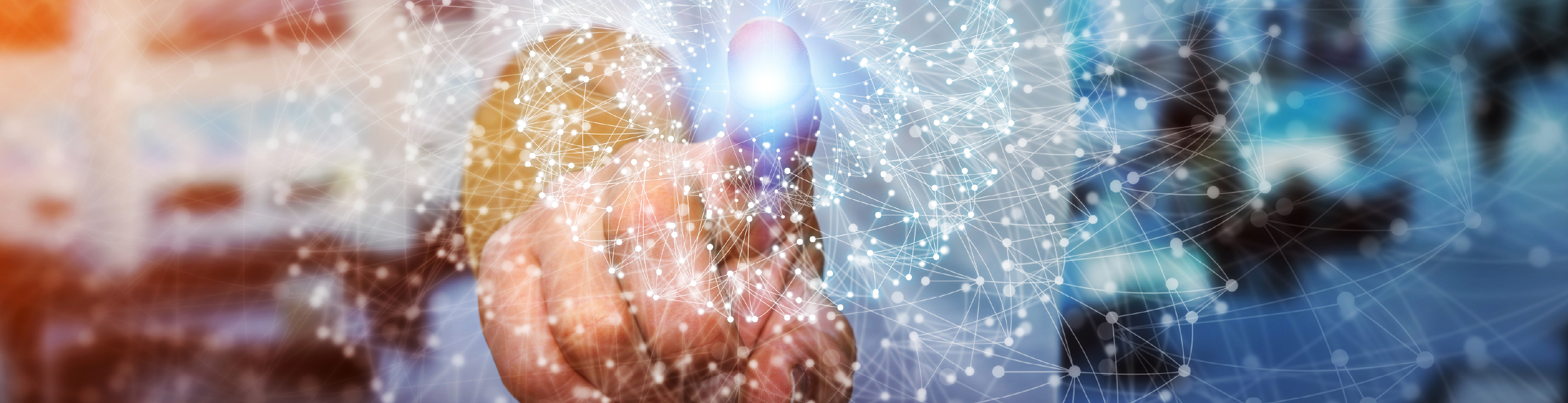 Finger pointing amid a background of inter-connected points on a futuristic background