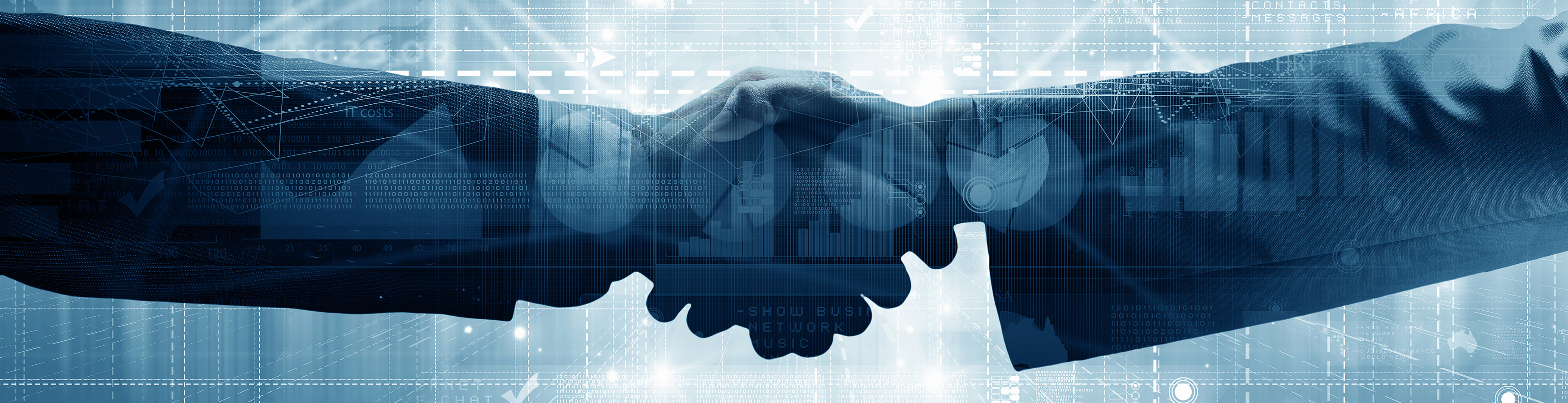 Photo collage of arms of businessmen skaing hands over digital backdrop with business charts.