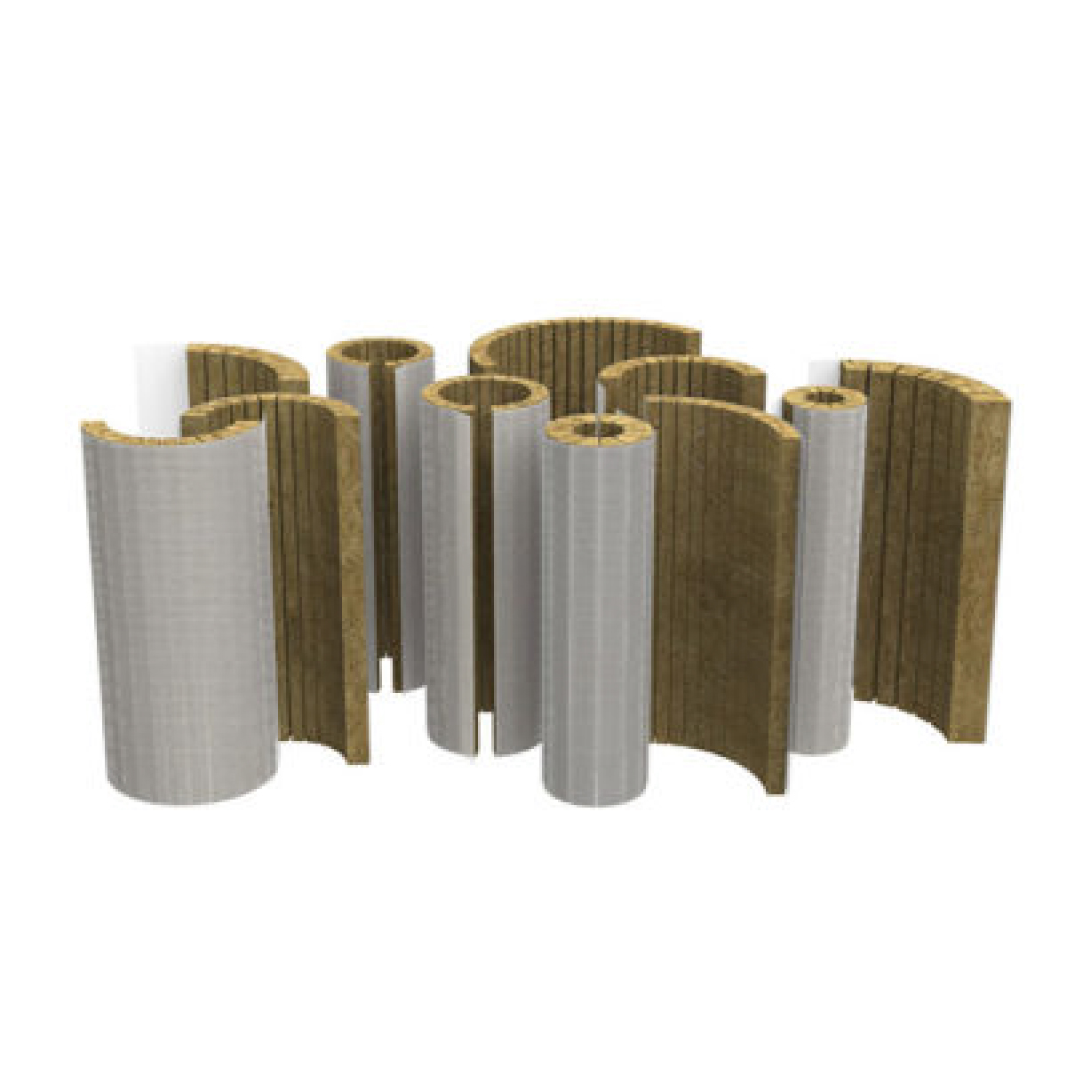 Photo of multiple sizes of V-groove nominal 8-pound density PreFormed half-cylinder pipe