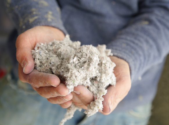 Photo of a man with hands together holding and handful of insulation