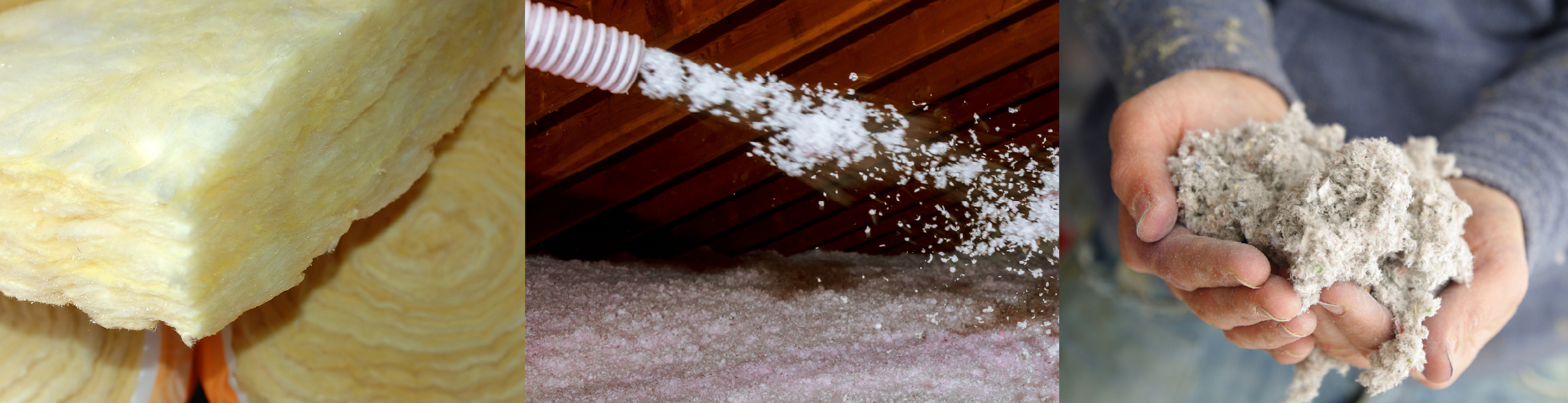 Collage of residental insulation batts, insulaiton being blown into an attic, and a handful of insulation